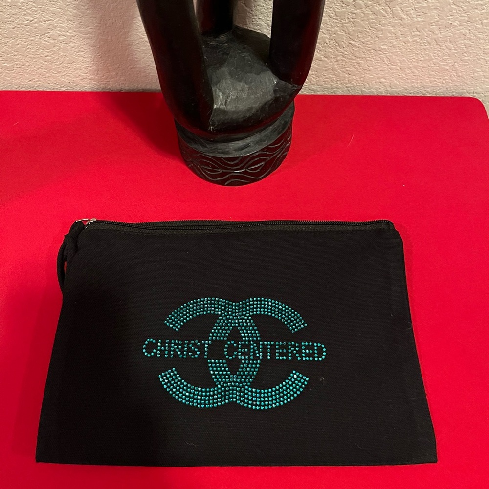 🖤 Rhinestone Canvas Wristlet – “Christ Centered” – 6.5” x 10” 🖤